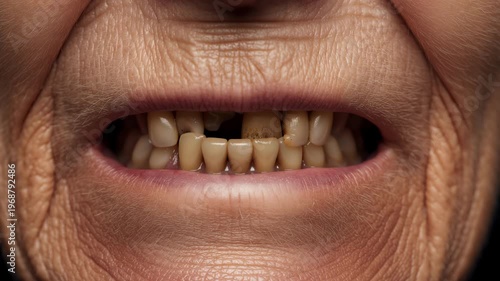 Extreme Close-up of an Elderly Person's Mouth with Bad, Decayed, and Missing Teeth