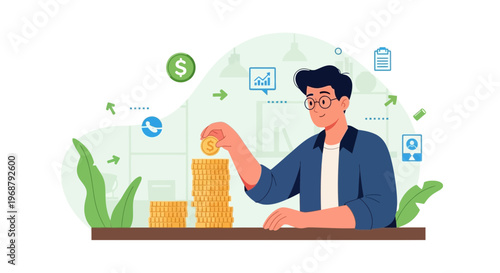 Man Stacking Coins, Financial Growth, Investment, Saving Money, Business Concept