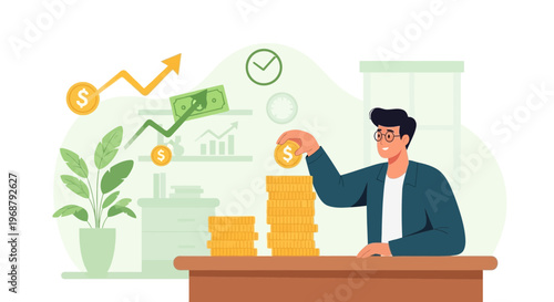 Man stacking coins, financial growth, investment, saving money, business concept illustration