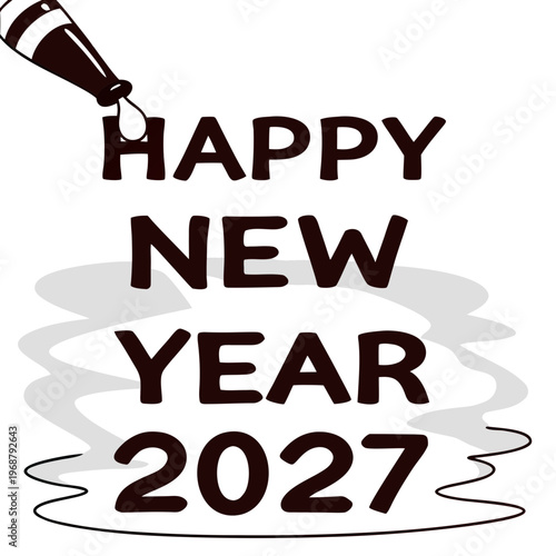 A celebratory illustration displays happy new year 2027 with a champagne bottle casting a shadow on the text high quality
