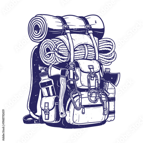 Detailed of a hiking backpack loaded with camping gear including a sleeping mat climbing rope hatchet water bottle and carabiners in a dark blue ink style on white background