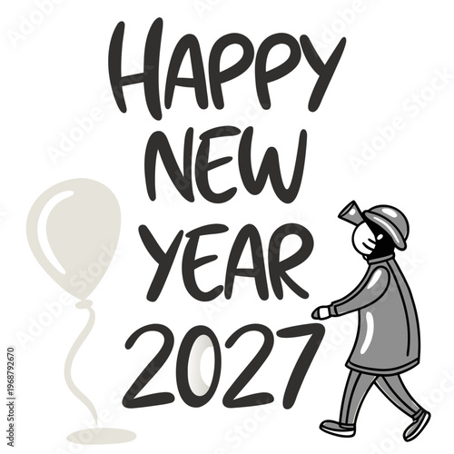 A playful illustration announces happy new year 2027 with a walking figure and a celebratory balloon high quality professional detailed