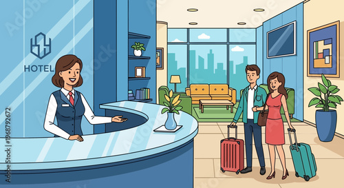 Welcoming Hotel Receptionist Greets Guests Arriving With Luggage
