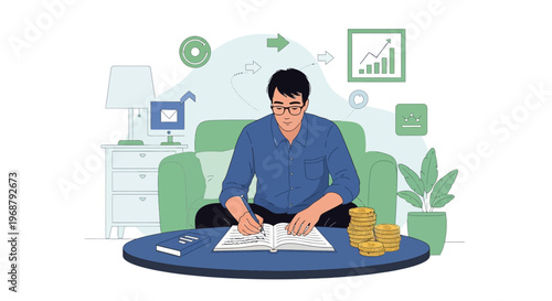 Man studying finances at home, writing in notebook with coins and charts