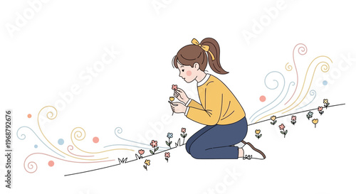 Whimsical Girl Appreciating Nature And Springtime Blooms With Gentle Breezes