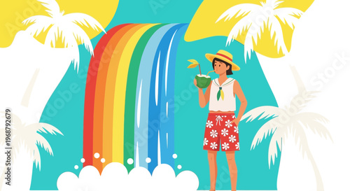 Vibrant Tropical Vacation With Rainbow Waterfall And Refreshing Coconut Drink