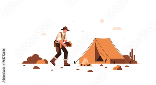 Western Explorer Gathering Wood For Desert Campfire Adventure