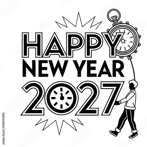 A striking black and white graphic announces happy new year 2027 with celebratory imagery and a walking figure high quality