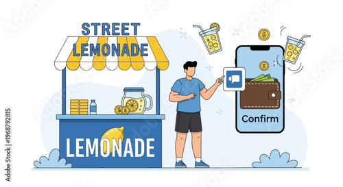 Man using mobile app for cashless payment at street lemonade stand, digital transaction concept