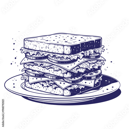 Hand drawn ink of a tall double decker sandwich with lettuce tomato cheese and sliced bread on a round plate isolated on a white background