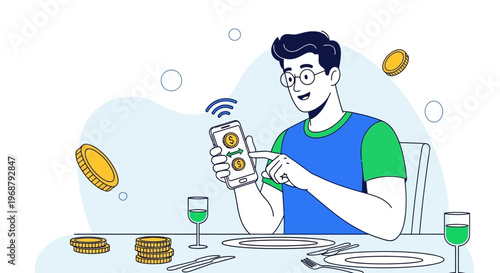 Man using mobile app for online payment with coins and glasses of green liquid on table