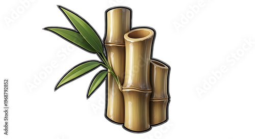 illustration of bamboo stalks with green leaves isolated on white background, illustration