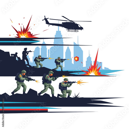 Military Helicopter and Soldiers in Combat with City Skyline Background