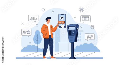 Man using mobile app for parking payment near smart parking meter