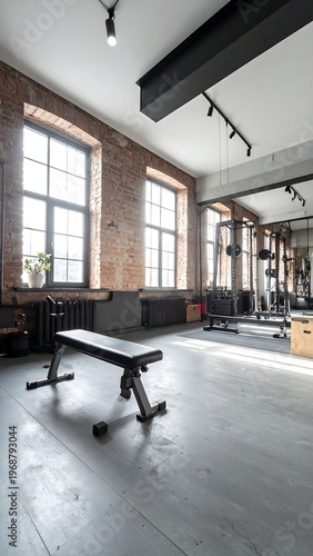 An expansive, well-lit fitness space with exposed brick walls, a long bench, and mirrored walls. Weights and other gym equipment are visible