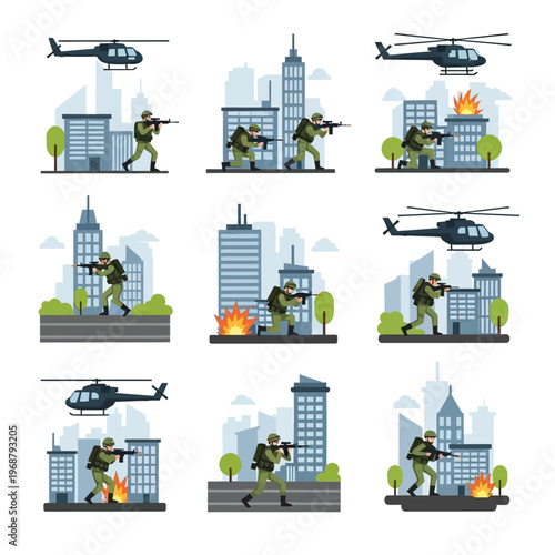 Military Soldier in Urban Combat Scene with Helicopter and Buildings