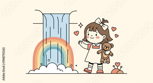 Whimsical Child And Rainbow Waterfall Adventure Scene