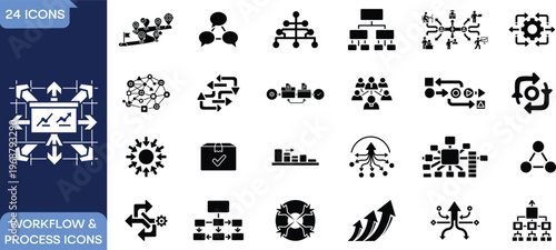 Workflow and process icons set business automation flowchart network collaboration management system strategy vector illustration collection