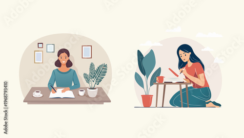 Young woman writing and journaling in a cozy and creative indoor setting, illustrating personal reflection and storytelling