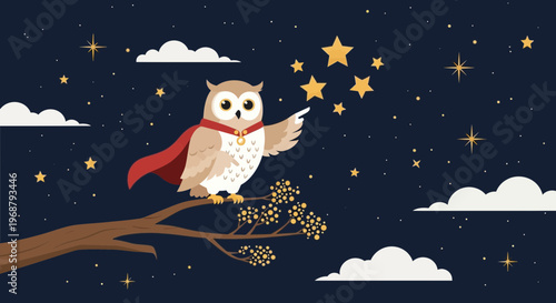 Whimsical Owl Superhero Perched on Branch Under Starry Night Sky
