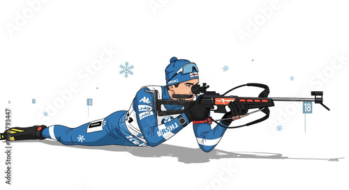 Winter Athlete Aims Rifle Prone Position Snowflakes Gentle Breeze Evokes Calm Focus
