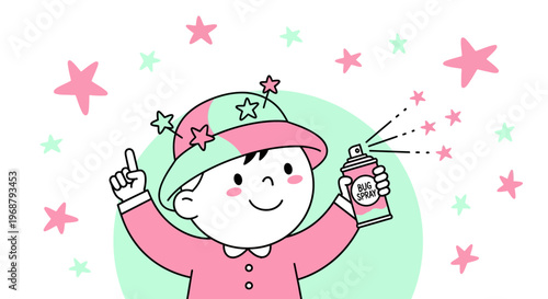 Whimsical Child Holds Bug Spray Can Dispelling Tiny Stars