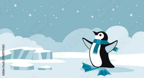 Whimsical Penguin Embracing Winter Wonderland Amidst Falling Snowflakes