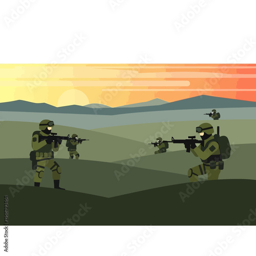 Modern soldiers advancing in formation across a desolate landscape at sunset.