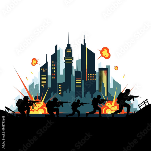 Silhouette soldiers advance through urban combat with explosions against city skyline