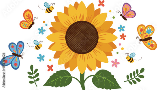 A beautiful vector illustration of a single bright yellow sunflower plant isolated on white featuring a detailed floral blossom and green leaf for summer garden nature and agriculture designs