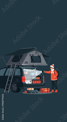 Winter Camping Adventure Gear Packed Inside Vehicle Rooftop Tent Setup