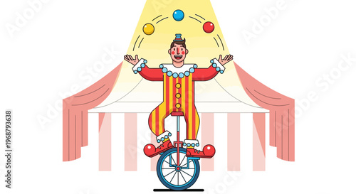 Whimsical Clown Juggling Balls on Unicycle Under Spotlight