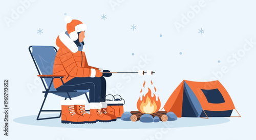 Winter Camping Adventure Roasting Marshmallows By A Cozy Campfire Scene
