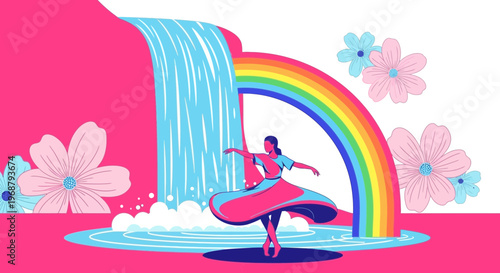 Whimsical Dancer Finds Joy Under a Waterfall and Rainbow Spectacle