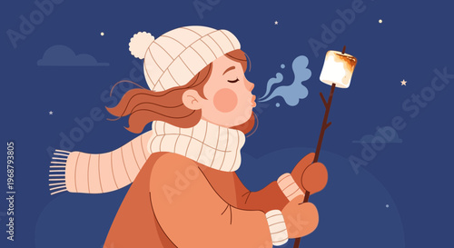 Whimsical Winter Evening Joy Roasting Marshmallows Under A Starry Sky