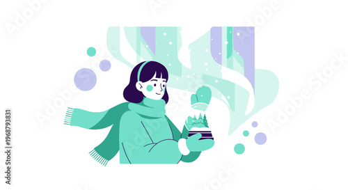 Whimsical Winter Girl Holding A Terrarium Under Aurora Borealis Lights