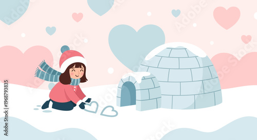 Whimsical Winter Scene With A Joyful Child Building Snow Hearts Next To Igloos