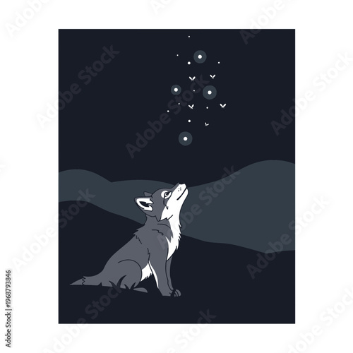 Whimsical Wolf Pup Gazes Up at a Starry Night Sky