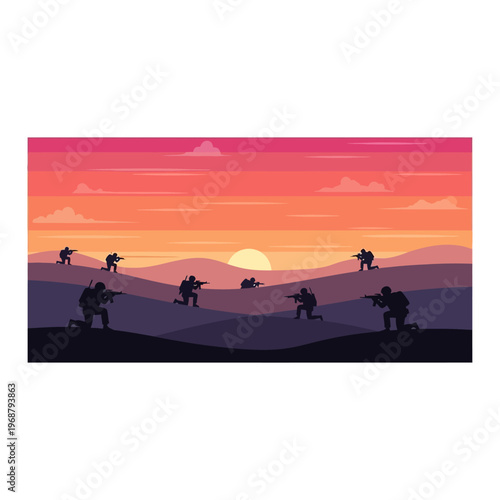 Silhouette Soldiers Advancing in Desert Landscape at Sunset
