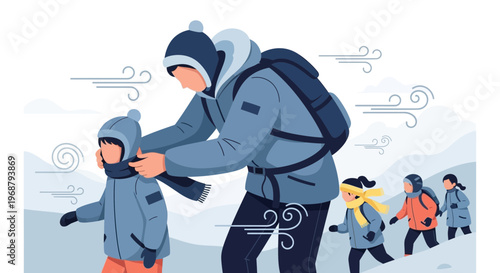 Winter Expedition Family Adventure Warm Clothing Care on Snowy Trail