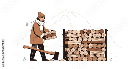 Winter Wood Gathering With Axe By A Person In Snowy Landscape