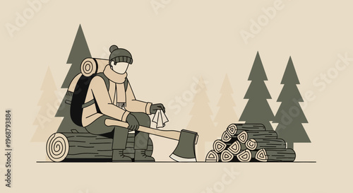 Winter Woodsman Resting After Chopping Logs Minimalist Illustration