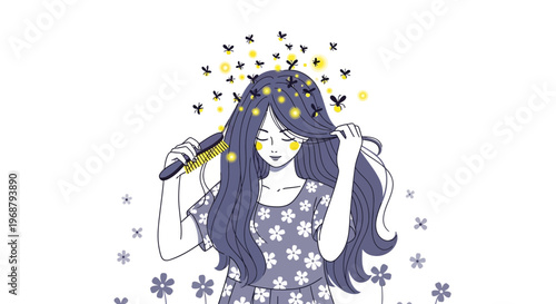 Whimsical Woman Brushing Long Hair Adorned With Fireflies And Flowers In Gentle Light