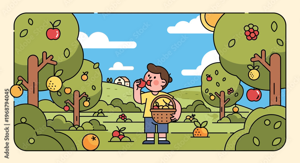 Obraz premium Wholesome Orchard Scene Featuring A Child Enjoying Fresh Fruit Amidst Lush Trees And Sunny Skies