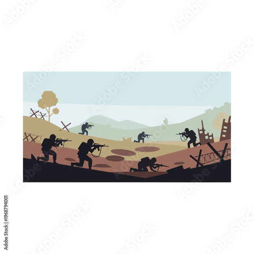 Silhouette Soldiers Advancing Through Battlefield Landscape
