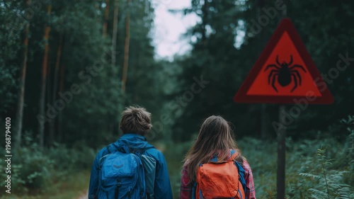 Two Hikers with Backpacks Walking in a Forest Past a Tick Warning Sign