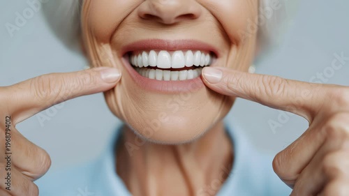Close-up of a Happy Senior Woman Pointing to Her Perfect White Smile