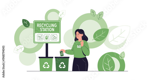 Woman Actively Disposes of Recyclable Materials at Designated Station