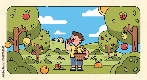 Wholesome Orchard Scene Featuring A Child Enjoying Fresh Fruit Amidst Lush Trees And Sunny Skies