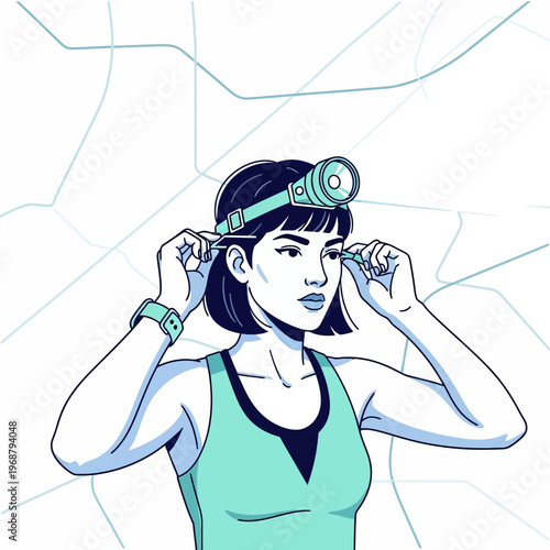 Woman Adjusting Headlamp For Outdoor Adventure Preparation